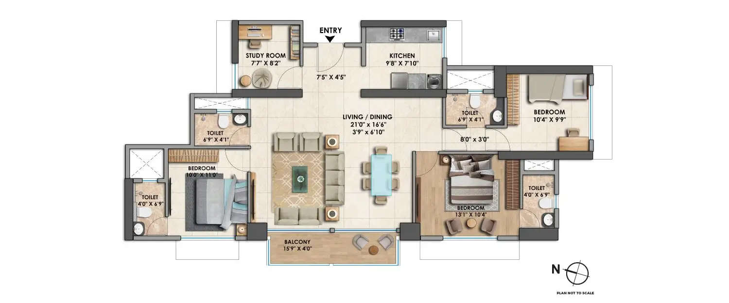 Floor plan for 3 BHK