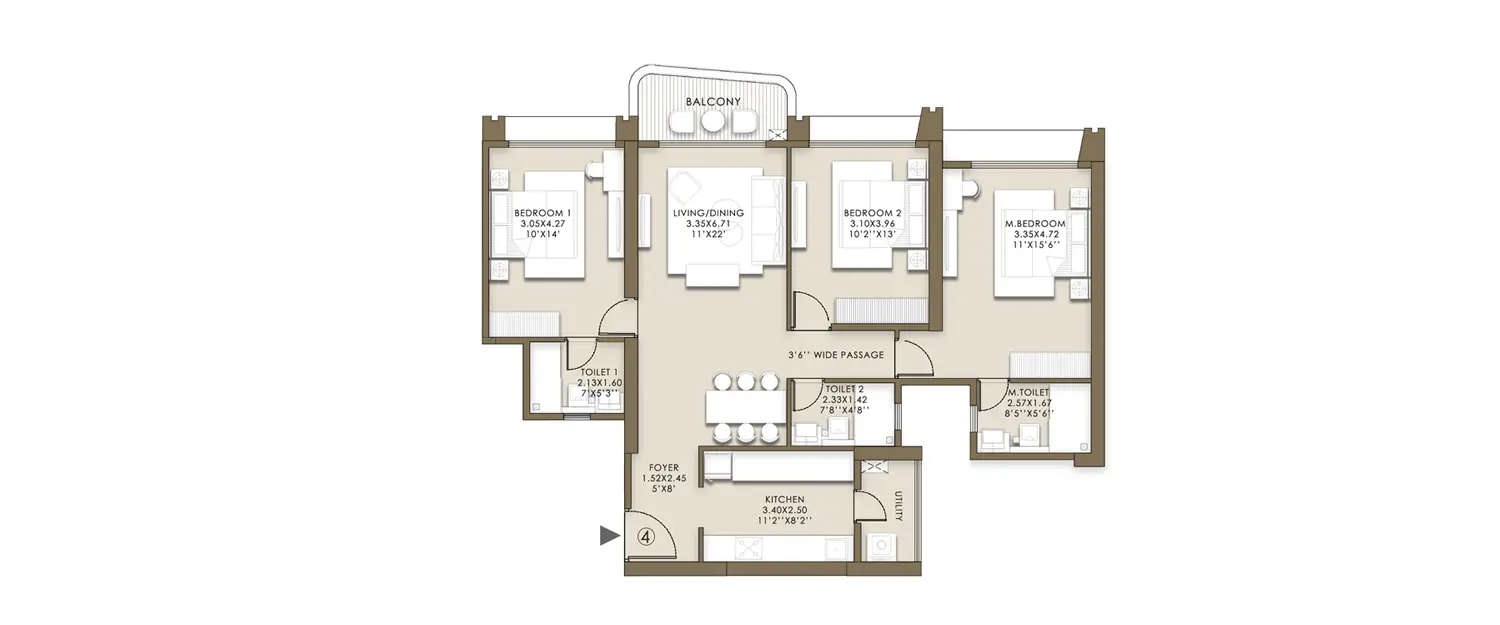 Floor plan for 3 BHK