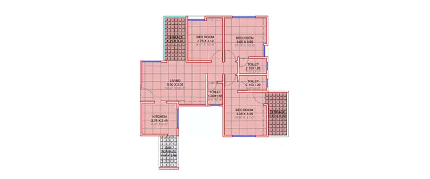 Floor plan for 3 BHK
