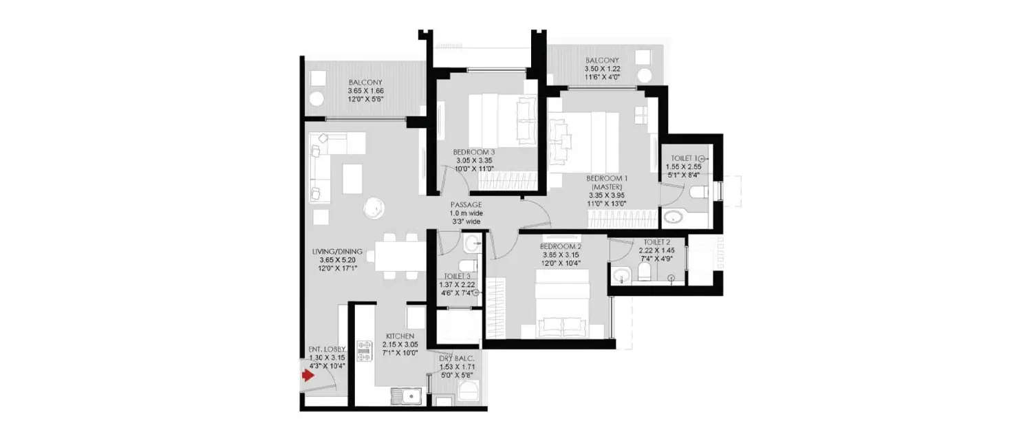 Floor plan for 3 BHK