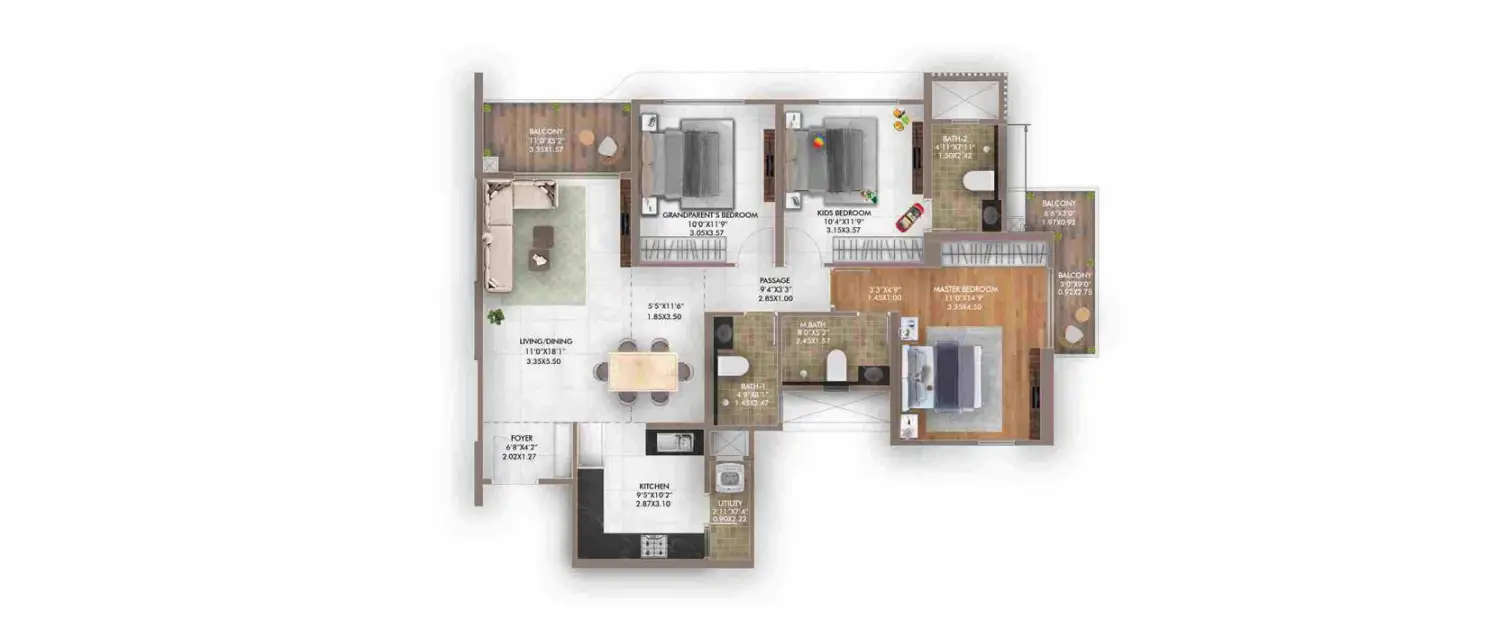 Floor plan for 3 BHK