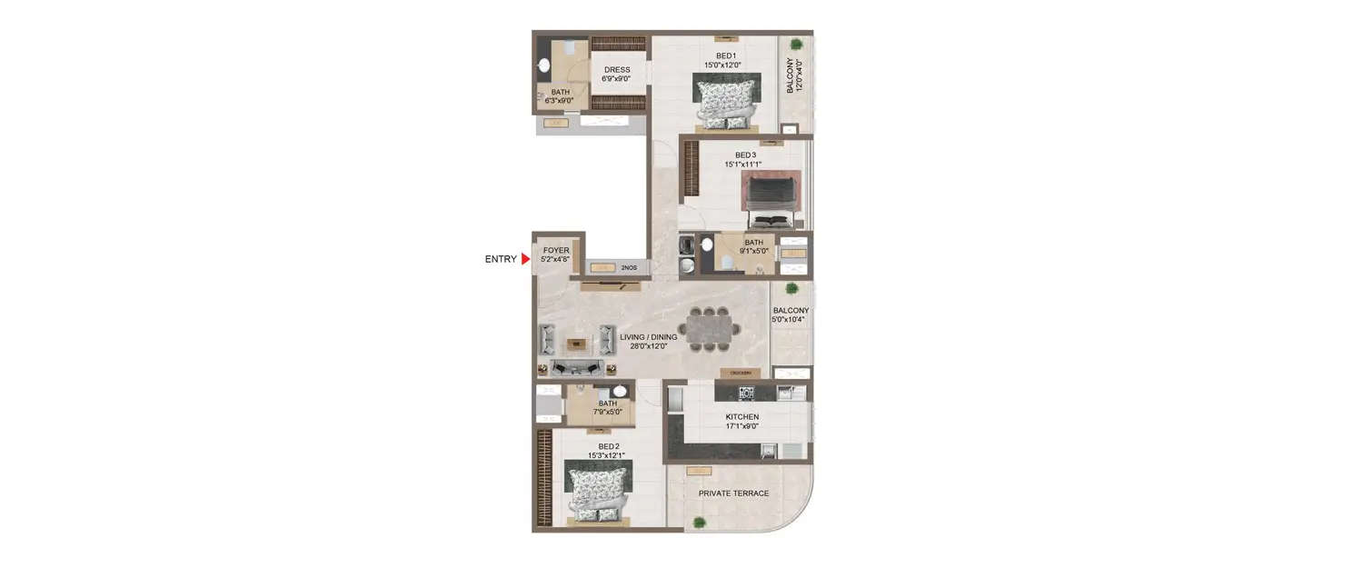 Floor plan for 3 BHK