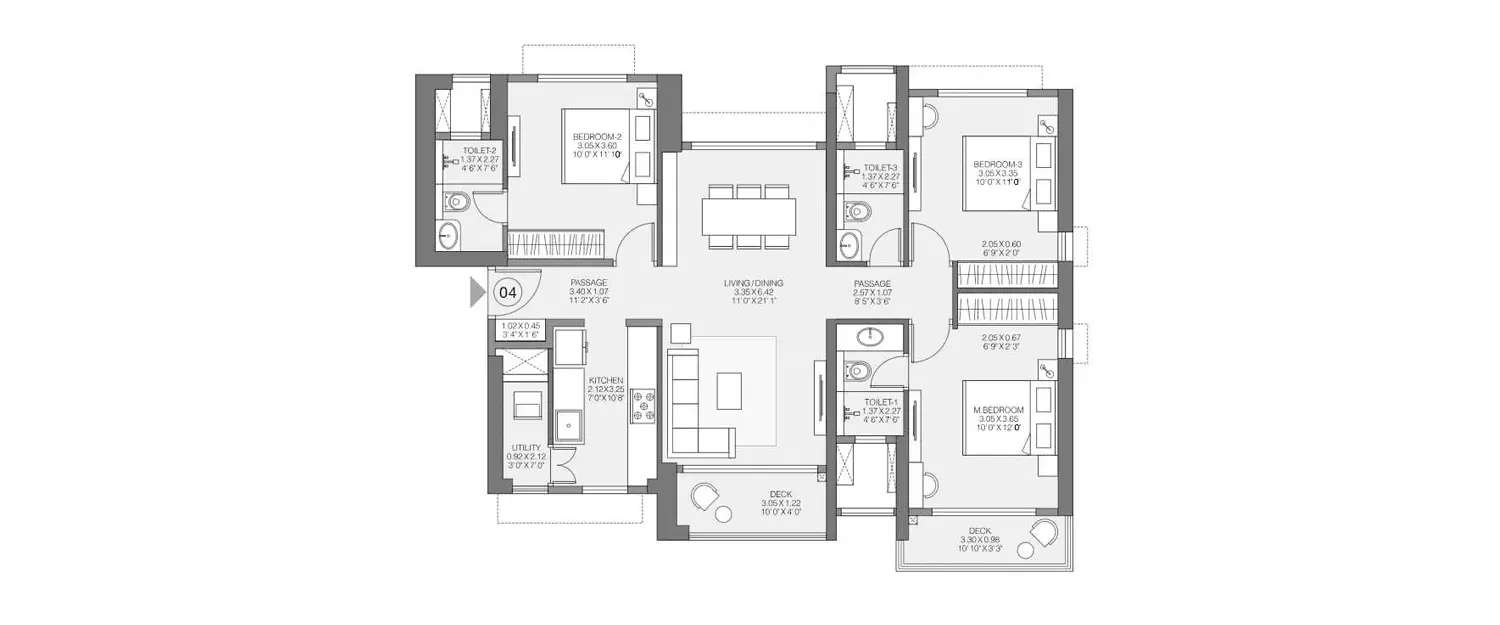 Floor plan for 3 BHK