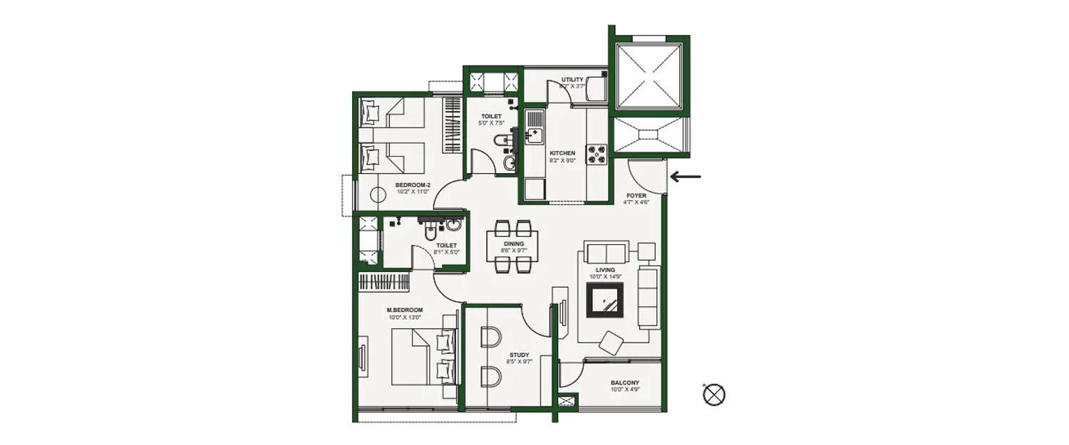 Floor plan for 3 BHK