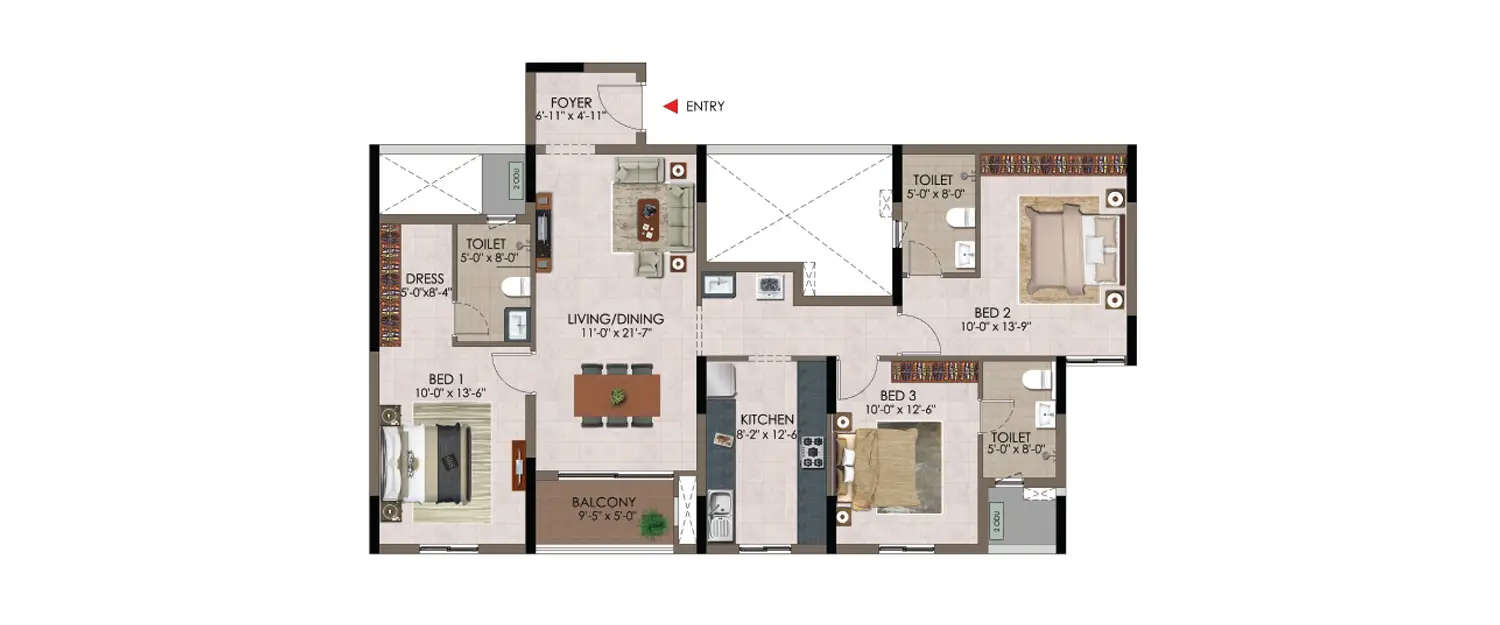Floor plan for 3 BHK