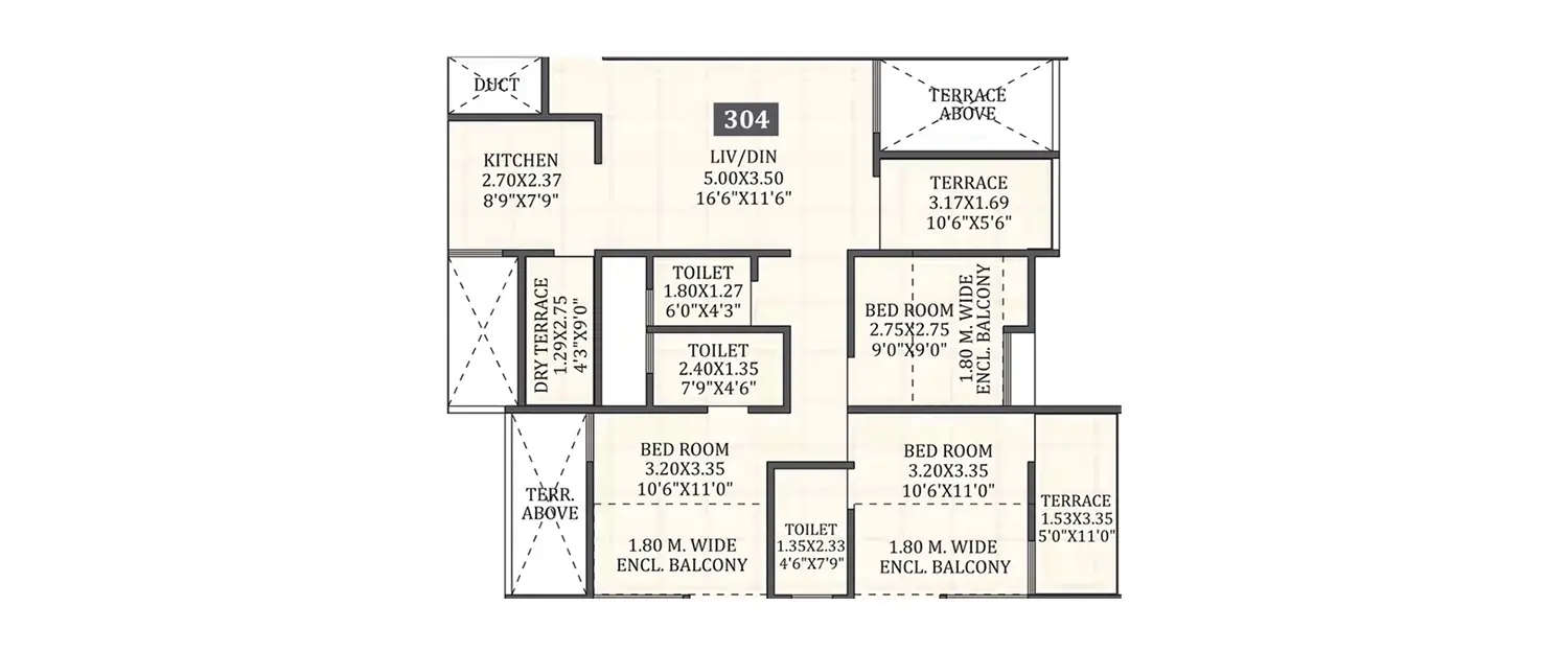 Floor plan for 3 BHK