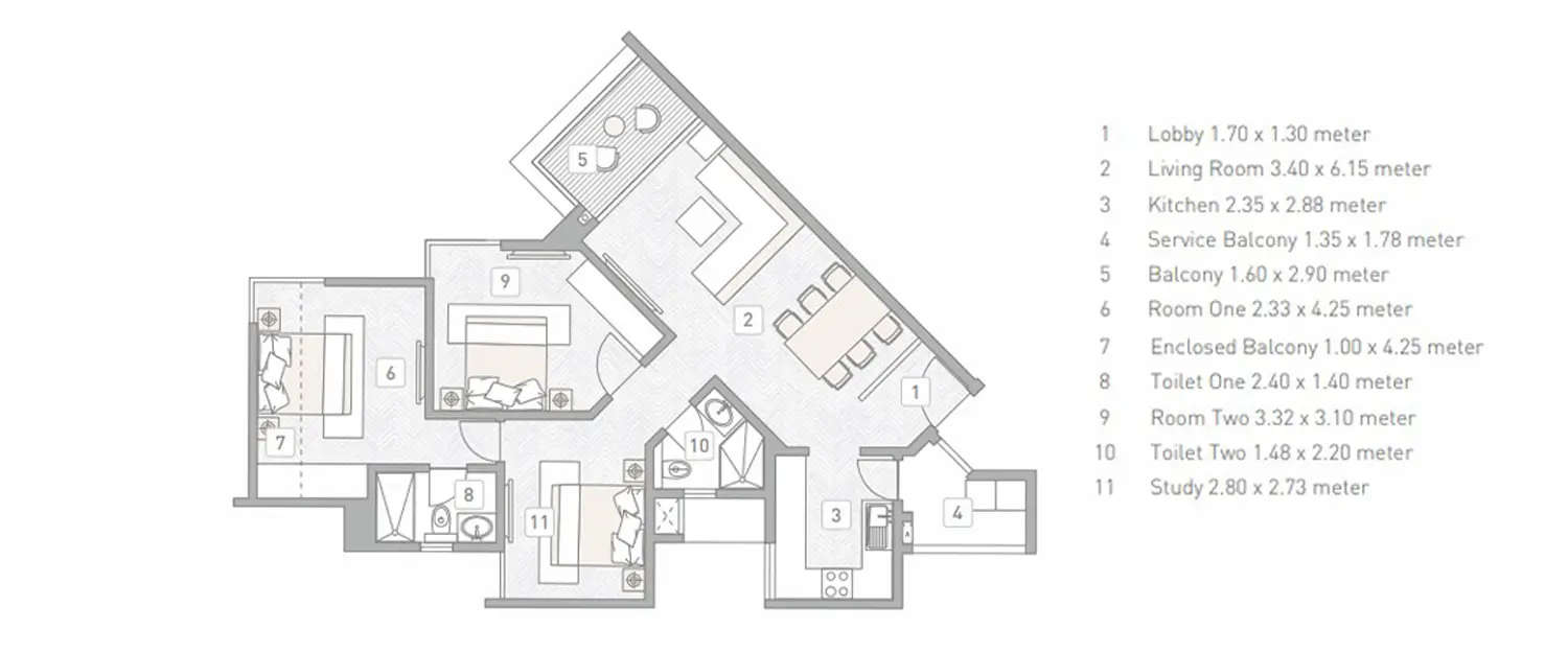 Floor plan for 3 BHK