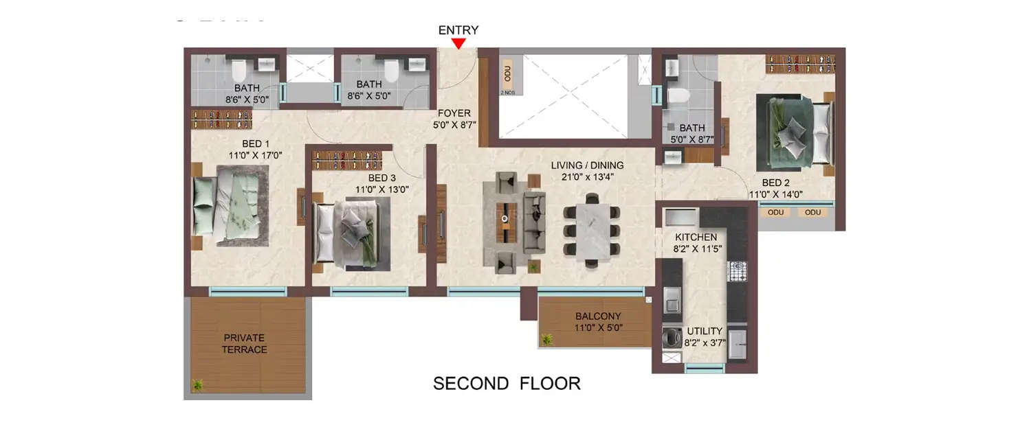 Floor plan for 3 BHK