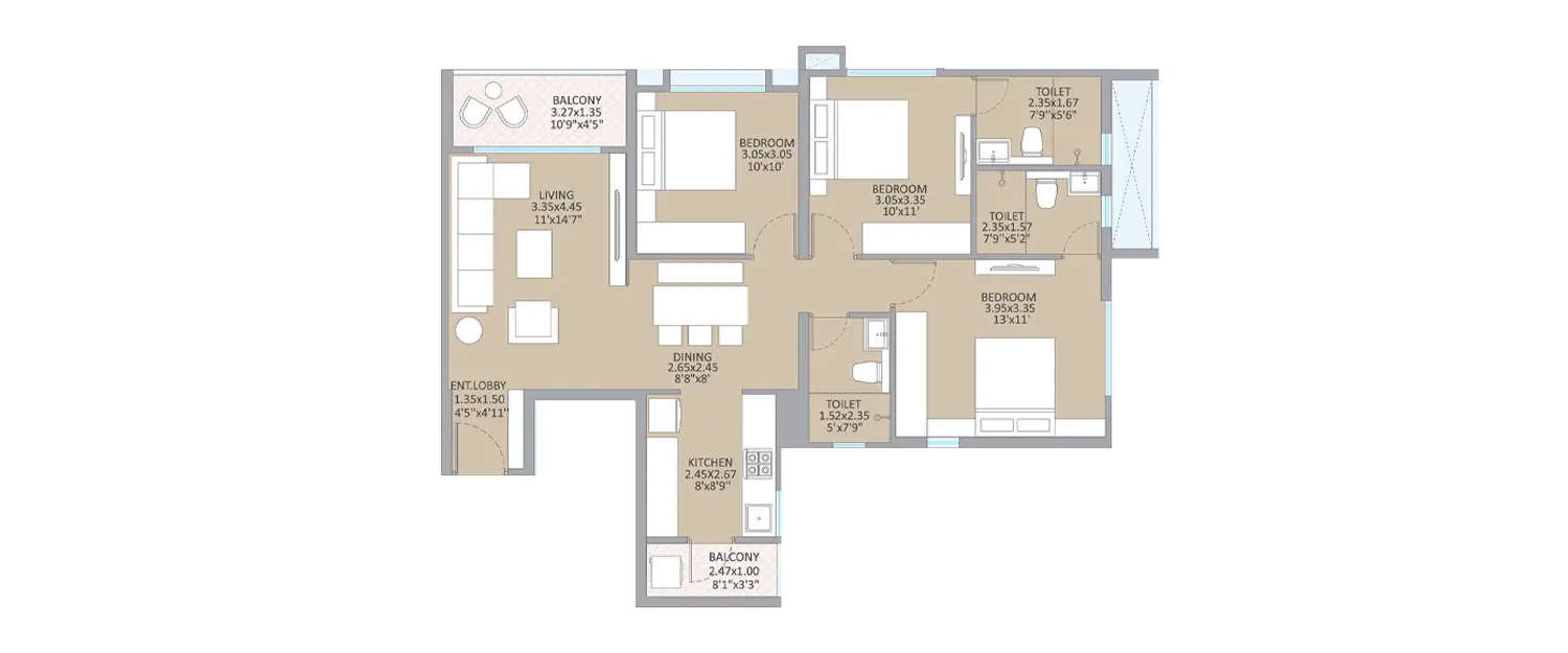 Floor plan for 3 BHK