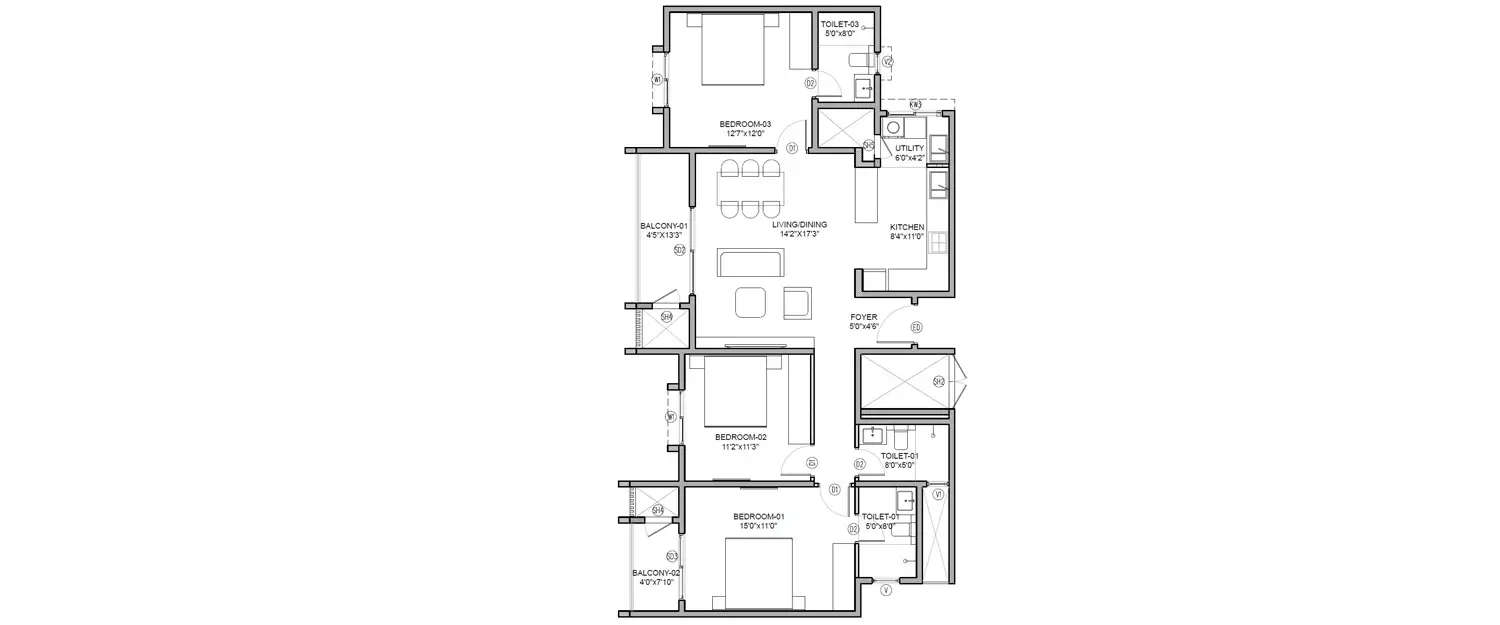 Floor plan for 3 BHK