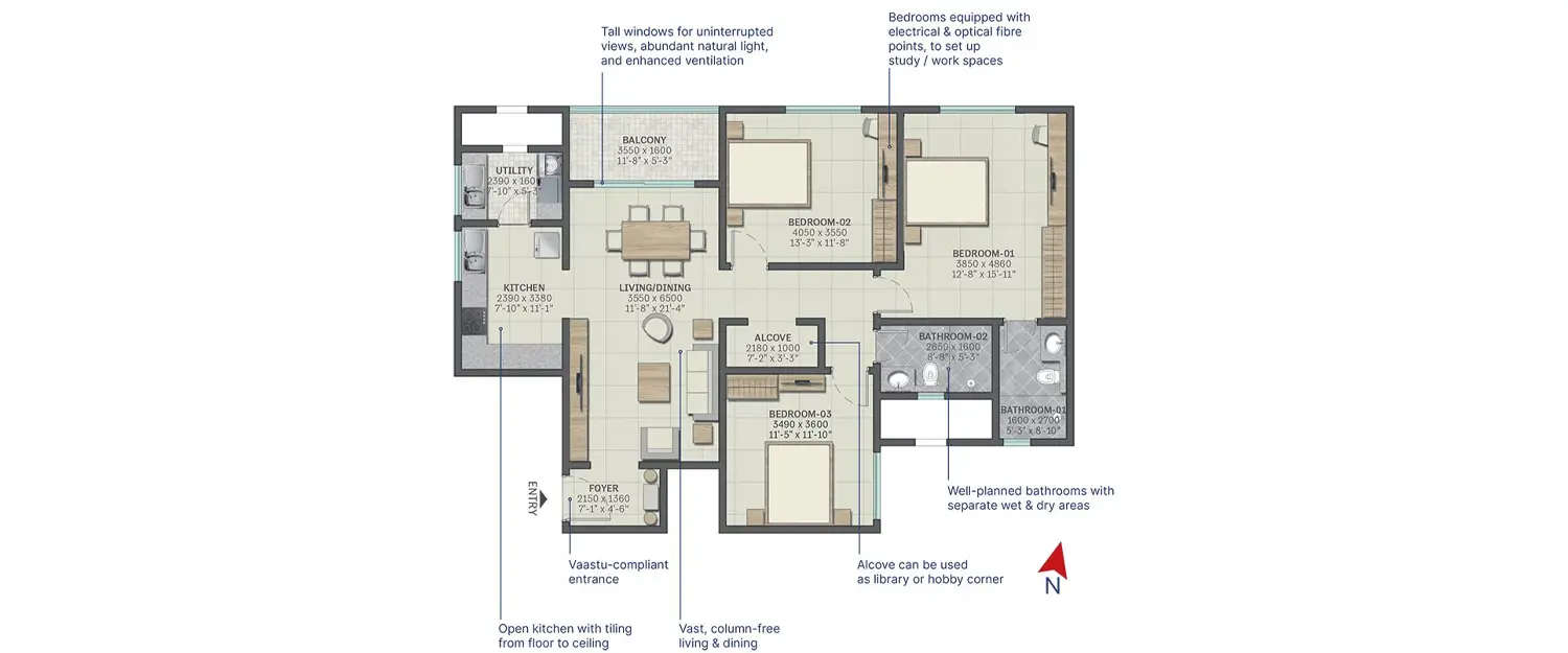 Floor plan for 3 BHK