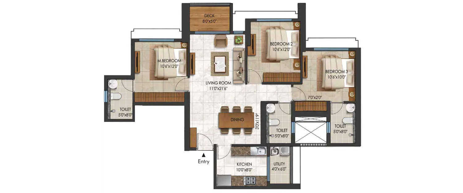 Floor plan for 3 BHK