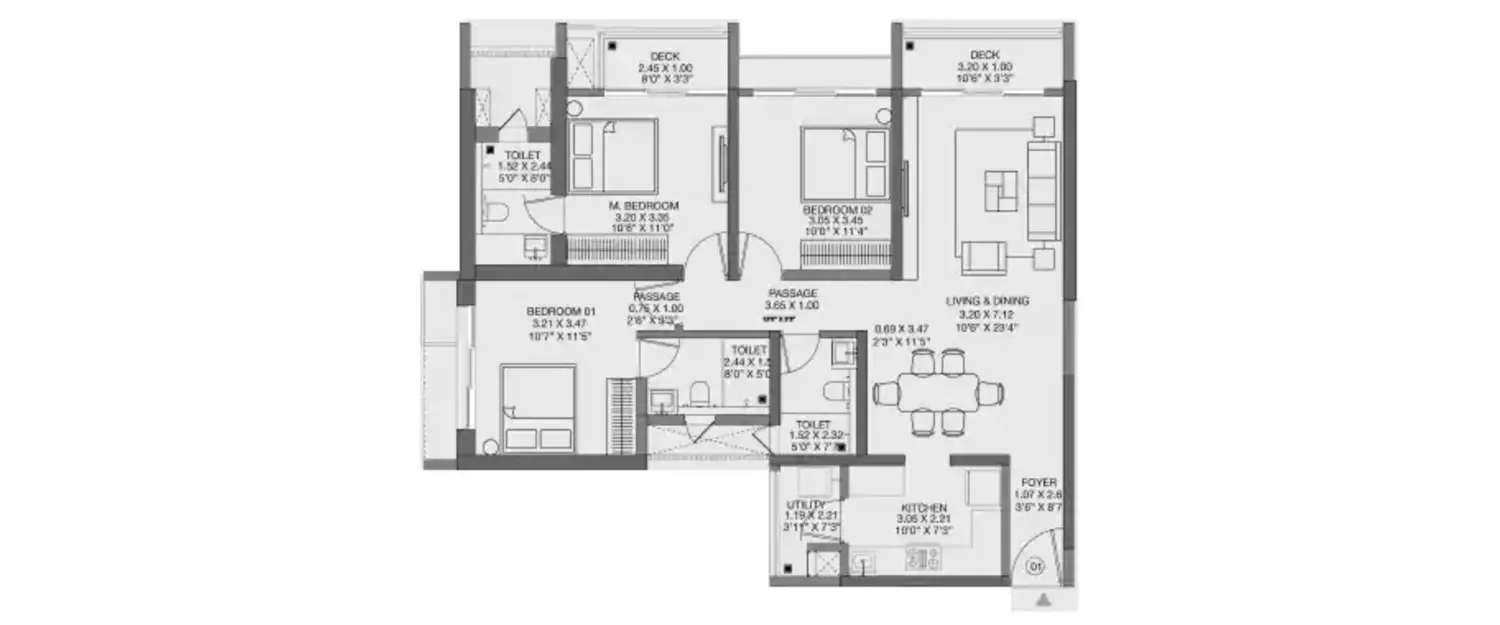 Floor plan for 3 BHK