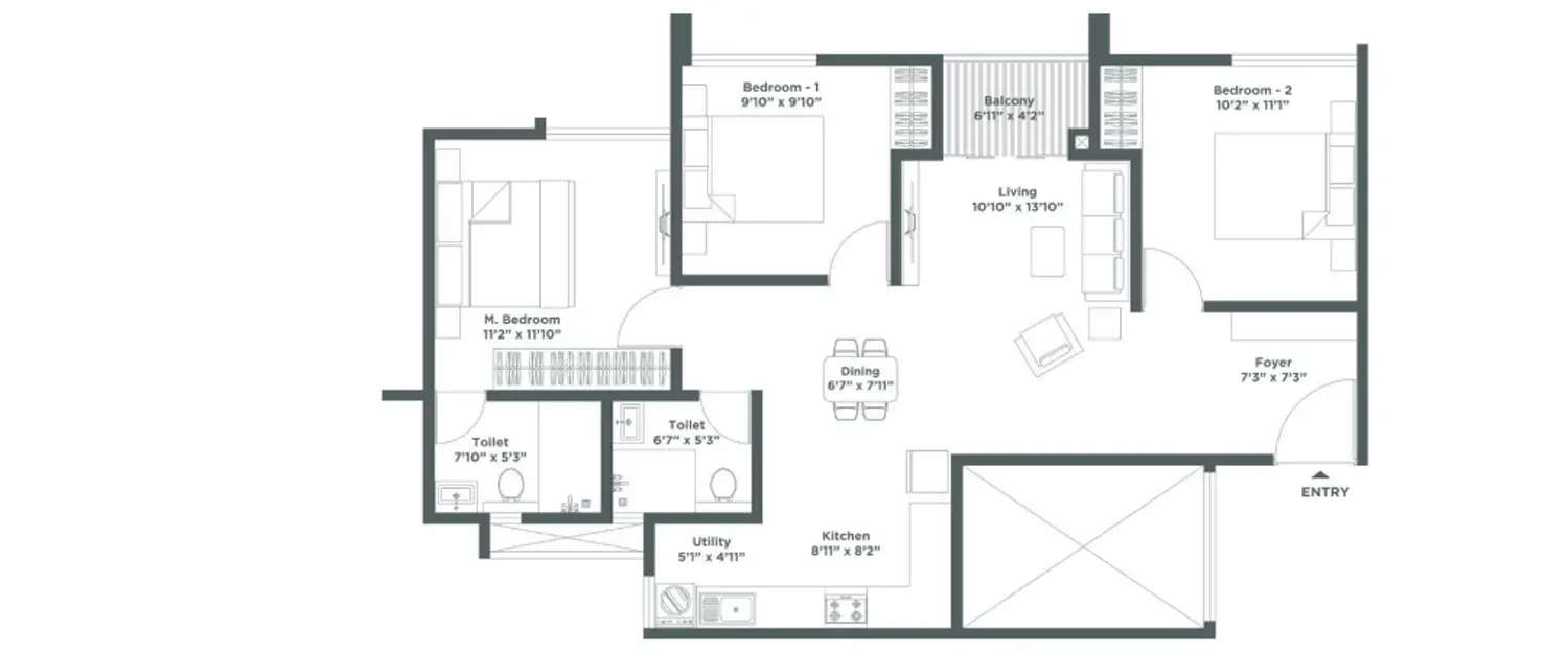 Floor plan for 3 BHK