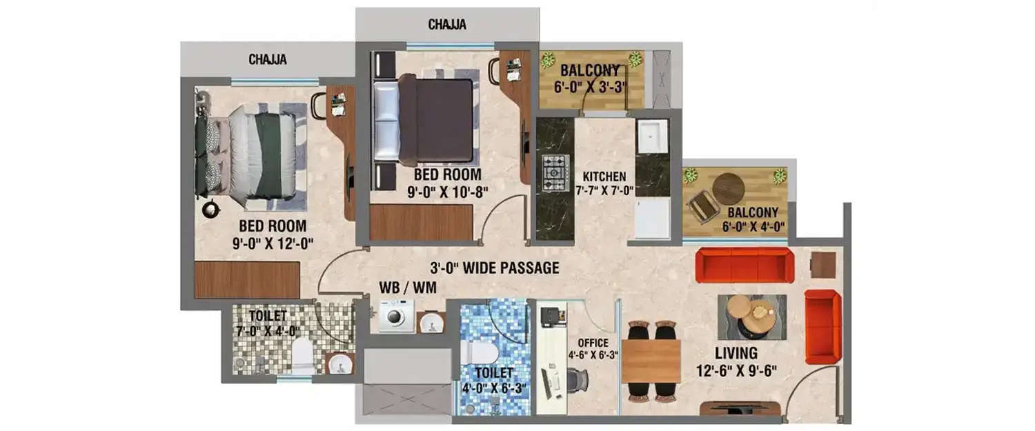 Floor plan for 2 BHK