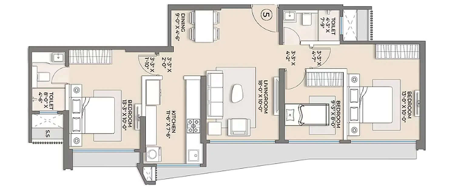 Floor plan for 3 BHK