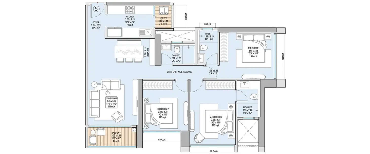 Floor plan for 3 BHK