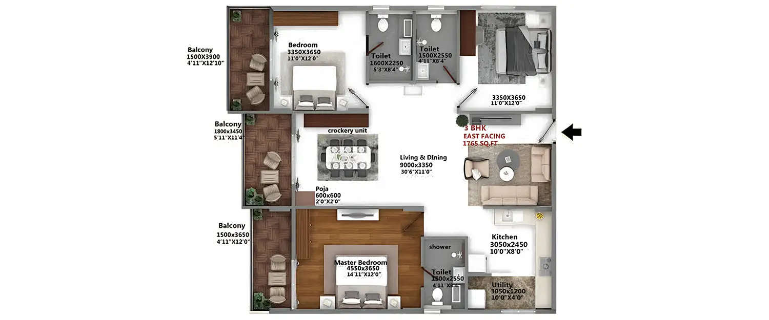 Floor plan for 3 BHK