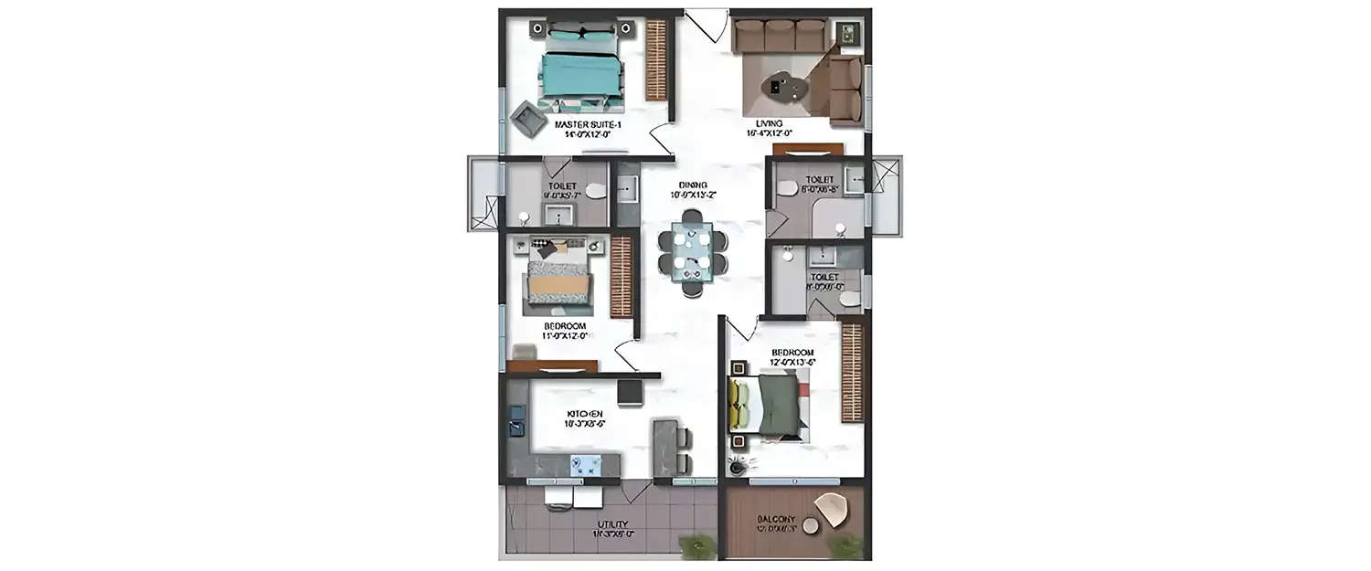 Floor plan for 3 BHK