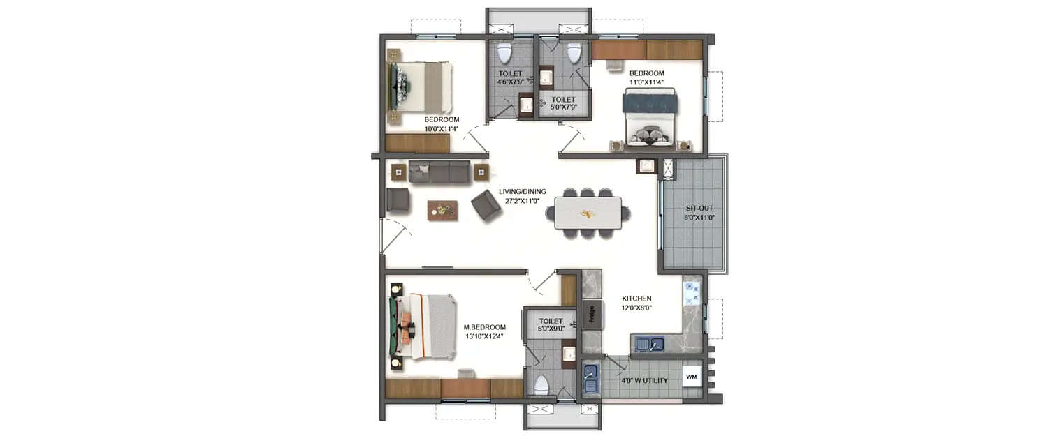 Floor plan for 3 BHK