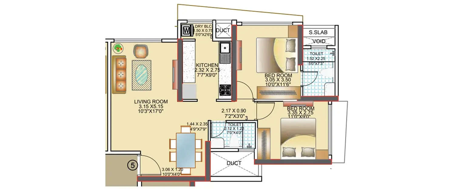 Floor plan for 2 BHK