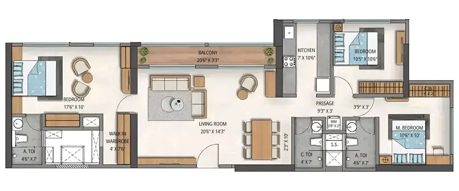 Floor plan for 3 BHK