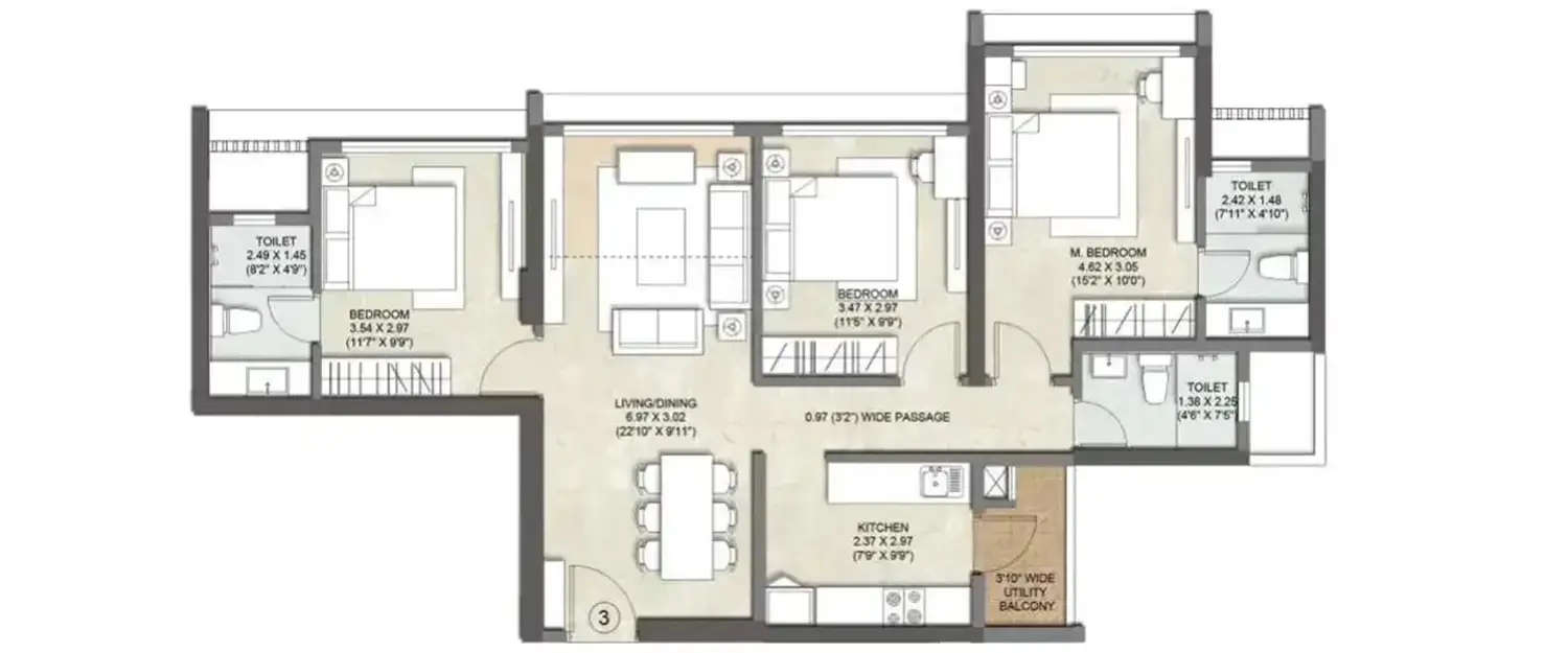 Floor plan for 3 BHK