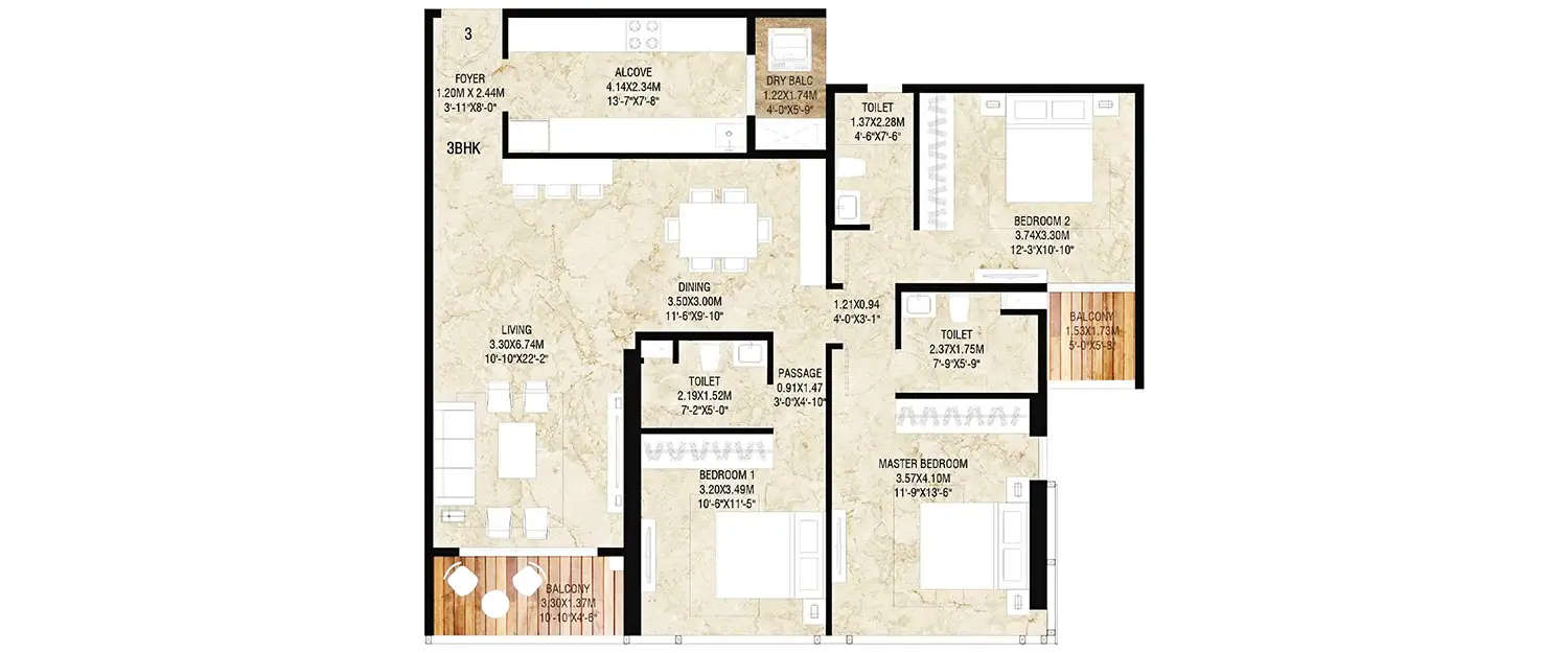 Floor plan for 3 BHK