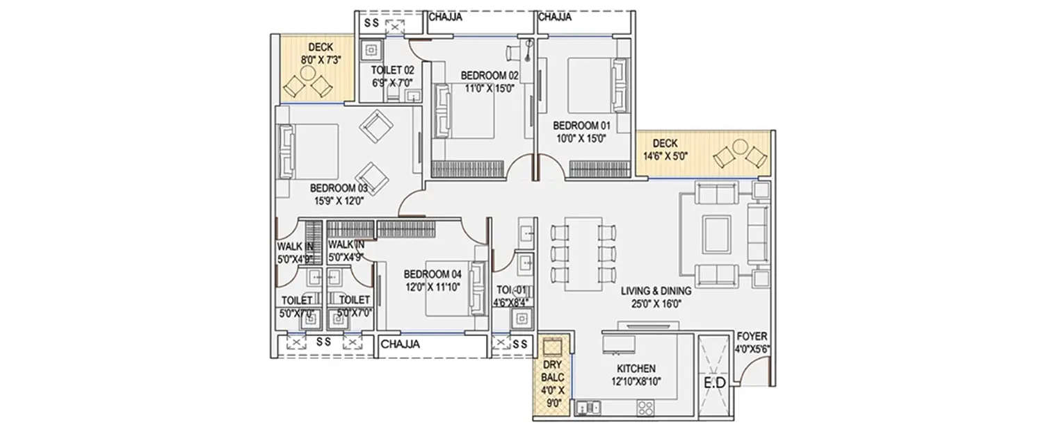 Floor plan for 4 BHK