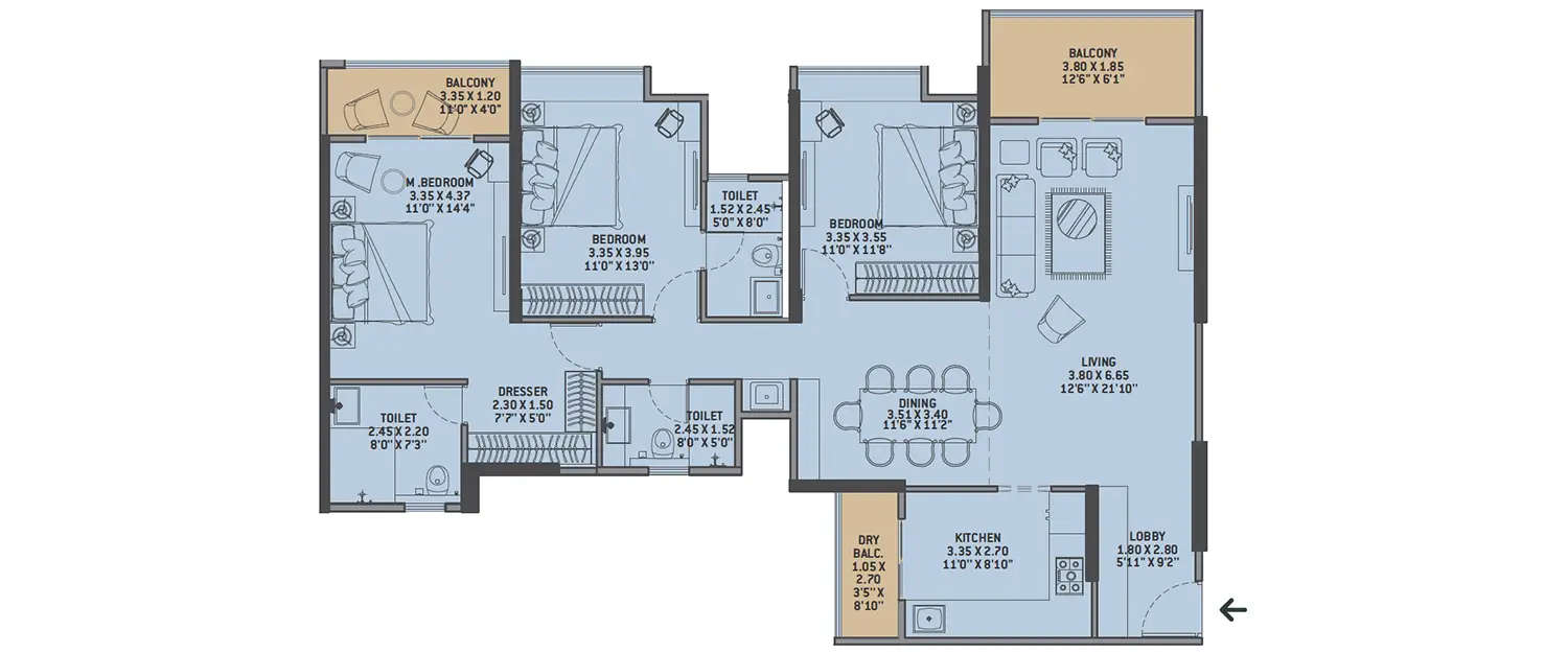 Floor plan for 3 BHK