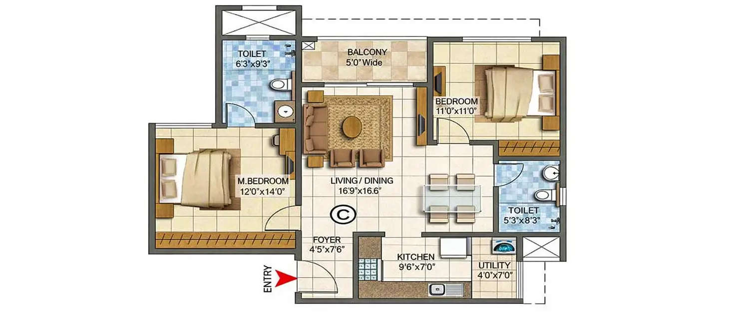 Floor plan for 2 BHK