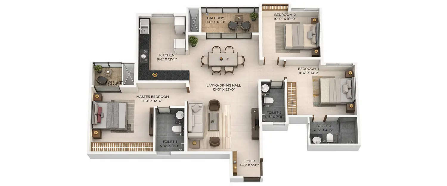 Floor plan for 3 BHK
