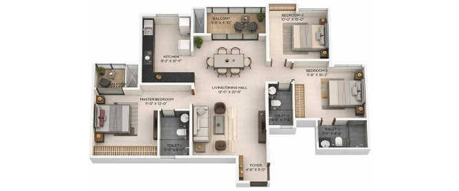 Provident Botanico Whitefield - Floor plan 3 BHK 1480 Sq.ft