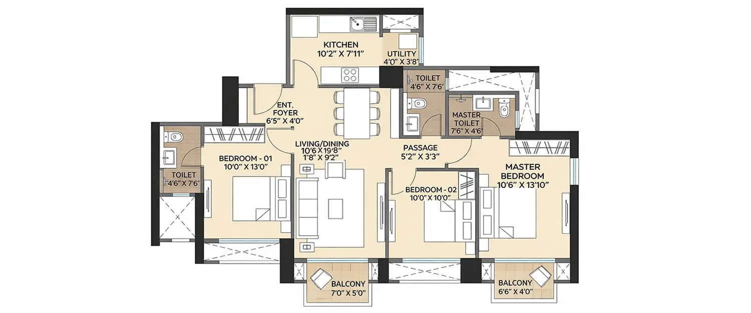 Floor plan for 3 BHK