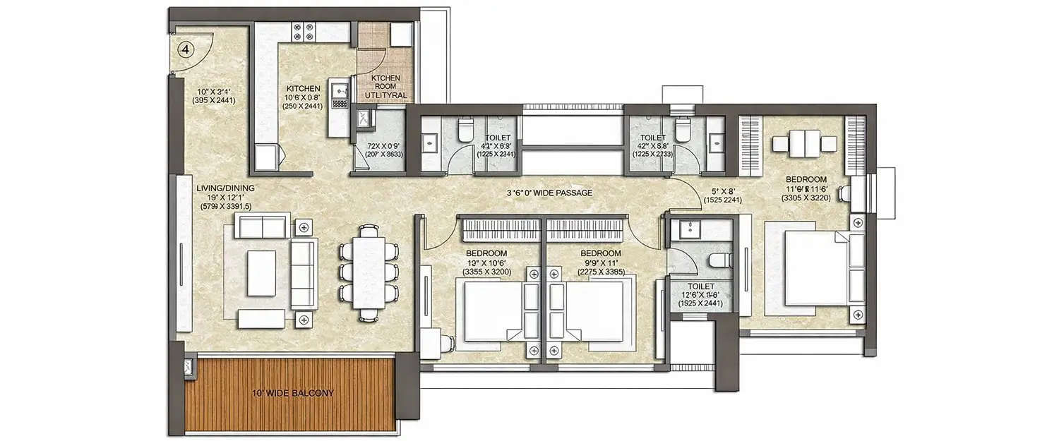 Floor plan for 3 BHK