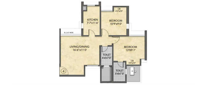 Raymond Realty Pokhran Road 1 - Floor plan 2 BHK 635 Sq.ft