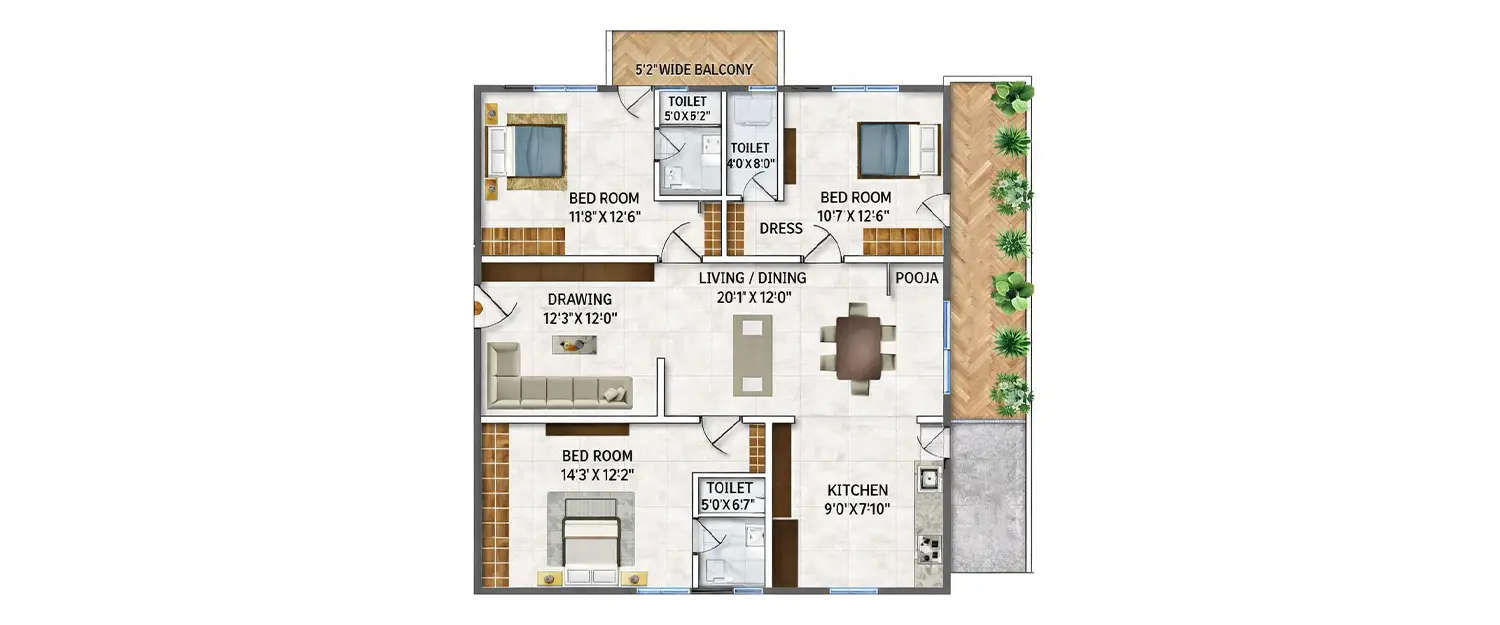 Floor plan for 3 BHK