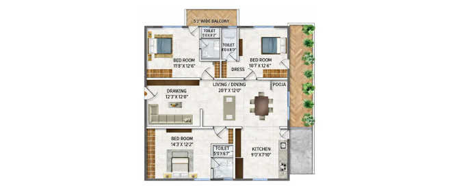 Primark Inspira Miyapur - Floor plan 3 BHK 1220 Sq.ft