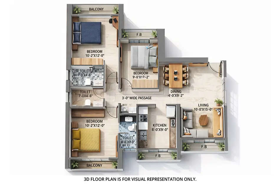 Floor plan for 3 BHK