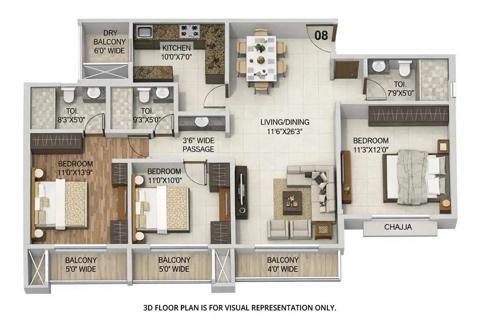 Floor plan for 3 BHK