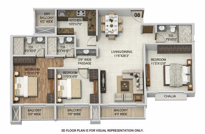 Sai World Dreams Dombivali - Floor plan 3 BHK 1322 Sq.ft