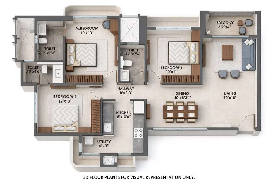 Floor plan for 3 BHK