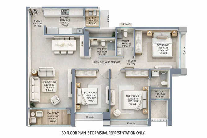 Godrej Nurture Bhandup - Floor plan 3 BHK 983 Sq.ft