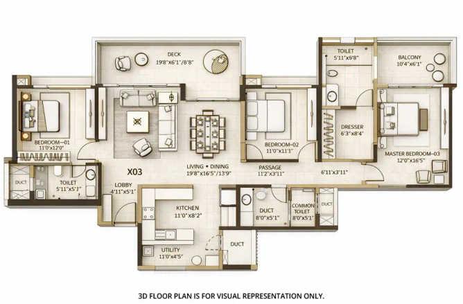 Shapoorji Northern Lights Pokhran Road 2 - Floor plan 3 BHK 1468 Sq.ft
