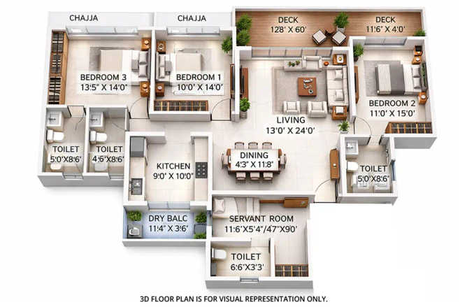 Delta Palm Beach Seawoods - Floor plan 3 BHK 1267 Sq.ft