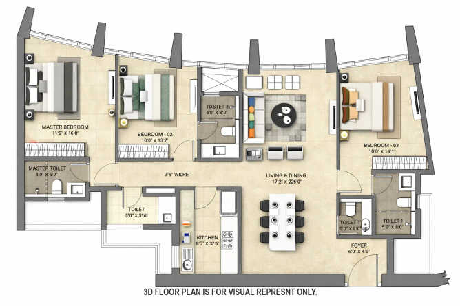 Lodha The Park Worli - Floor plan 3 BHK 1266 Sq.ft
