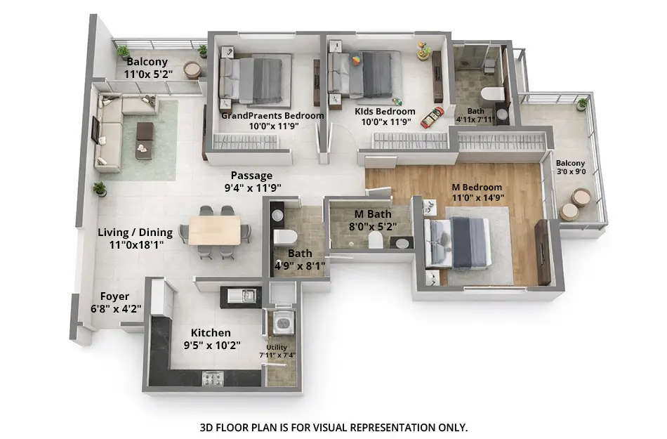 Floor plan for 3 BHK