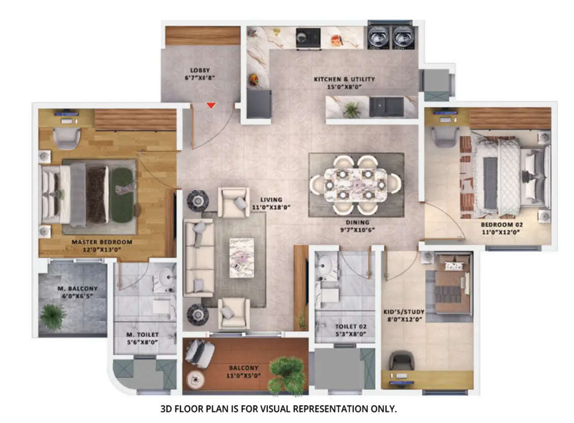 Floor plan for 3 BHK