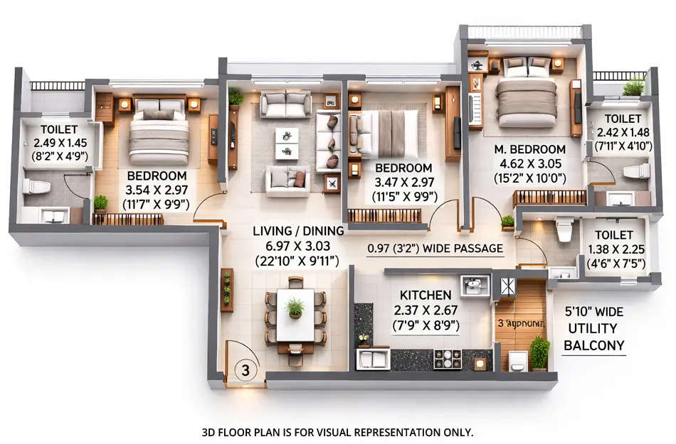 Floor plan for 3 BHK