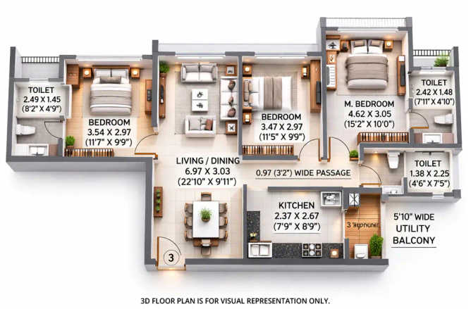 Kalpataru Park City Kolshet Road - Floor plan 3 BHK 920 Sq.ft